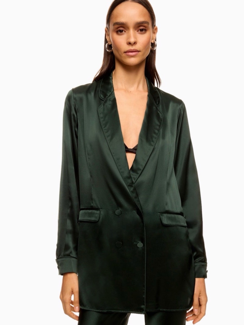 Silk Laundry Relaxed Blazer Dark Green 100% Silk Satin Size Small $345 MSRP